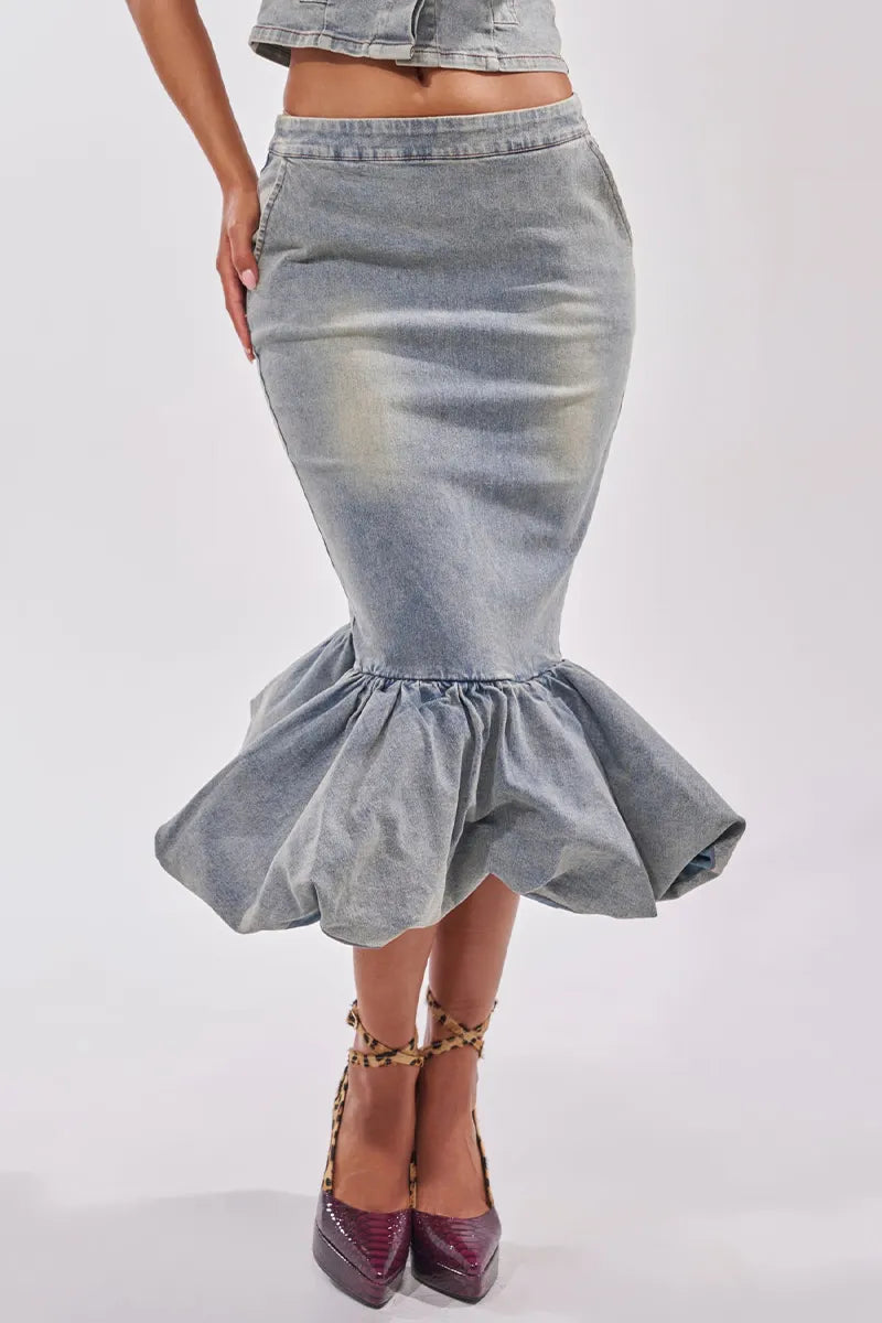Women's Lapel Necktie Cap Sleeve Fitted Cropped Denim Shirt Or High Waist Bodycon Ruffle Flare Mermaid Denim Midi Skirt