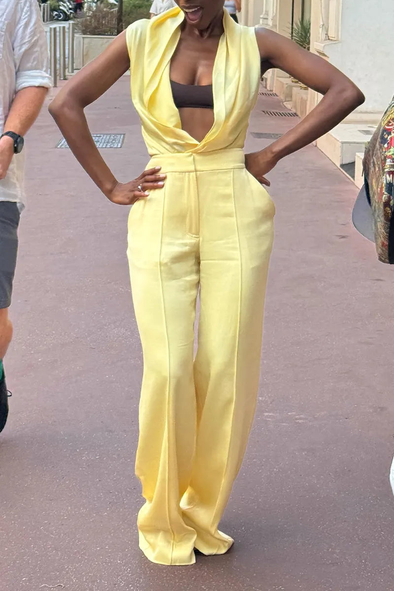 Women's Fashion Drape Neck Vest Wide Leg Pants Two Piece Set