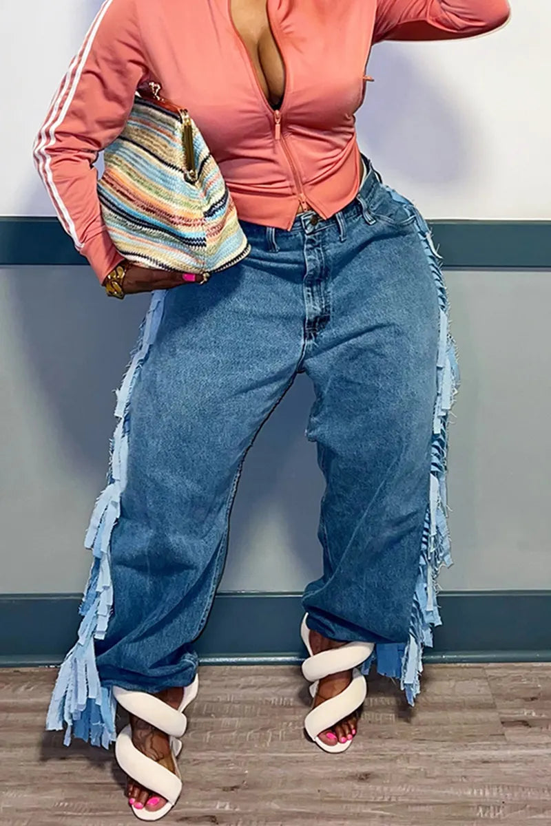Women's Casual Side Fringe Decoration Wide Leg Jeans