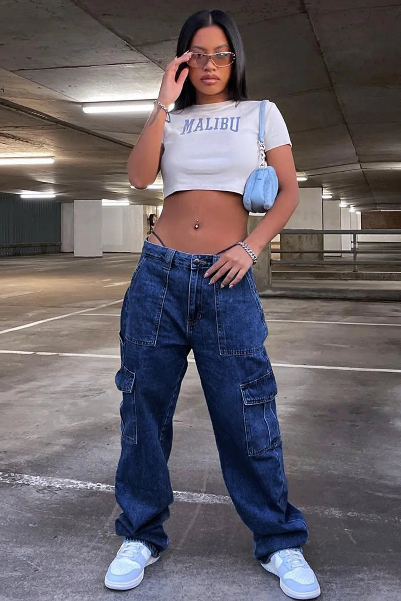 Women's Elastic Waist Wide-Leg Cargo Jeans With Multiple Pockets