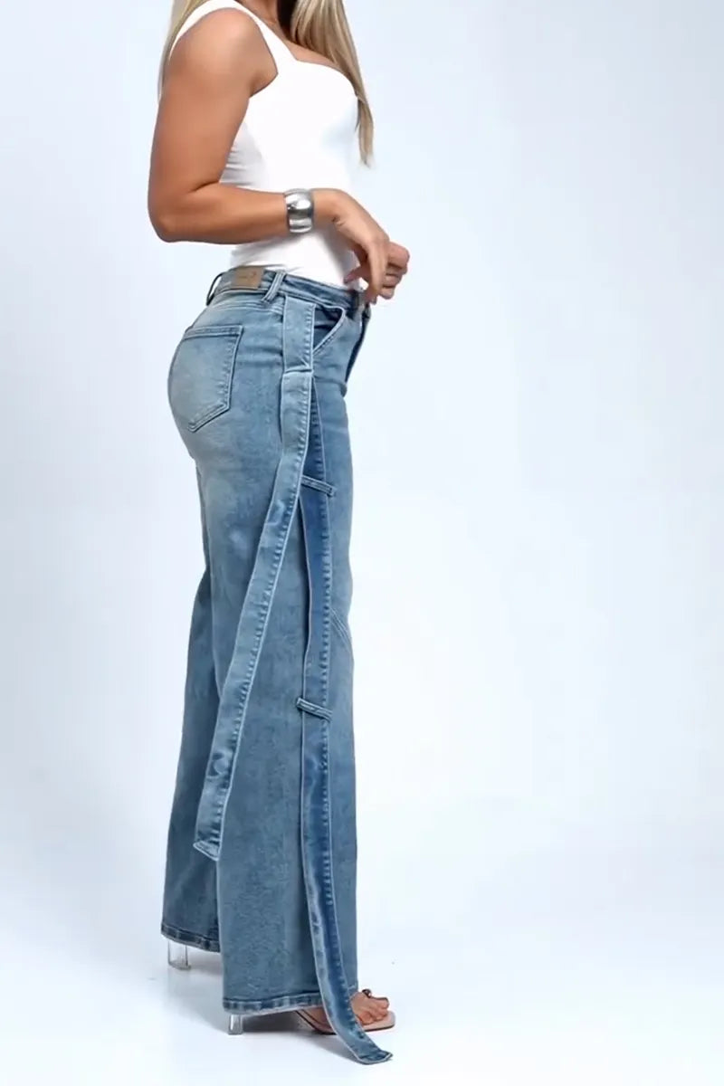Women's Casual Side Streamer Trim Wide Leg Jeans
