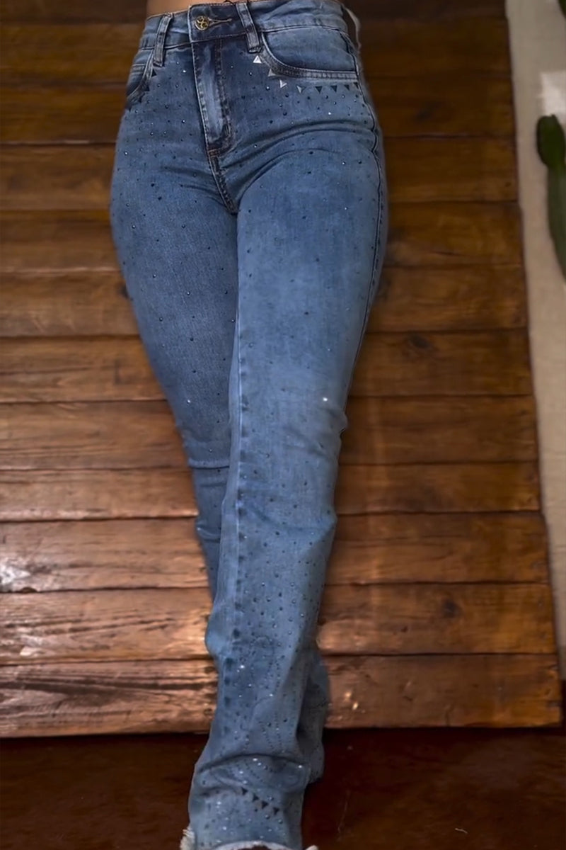 Women's Casual Rhinestone Rivet Decoration Jeans