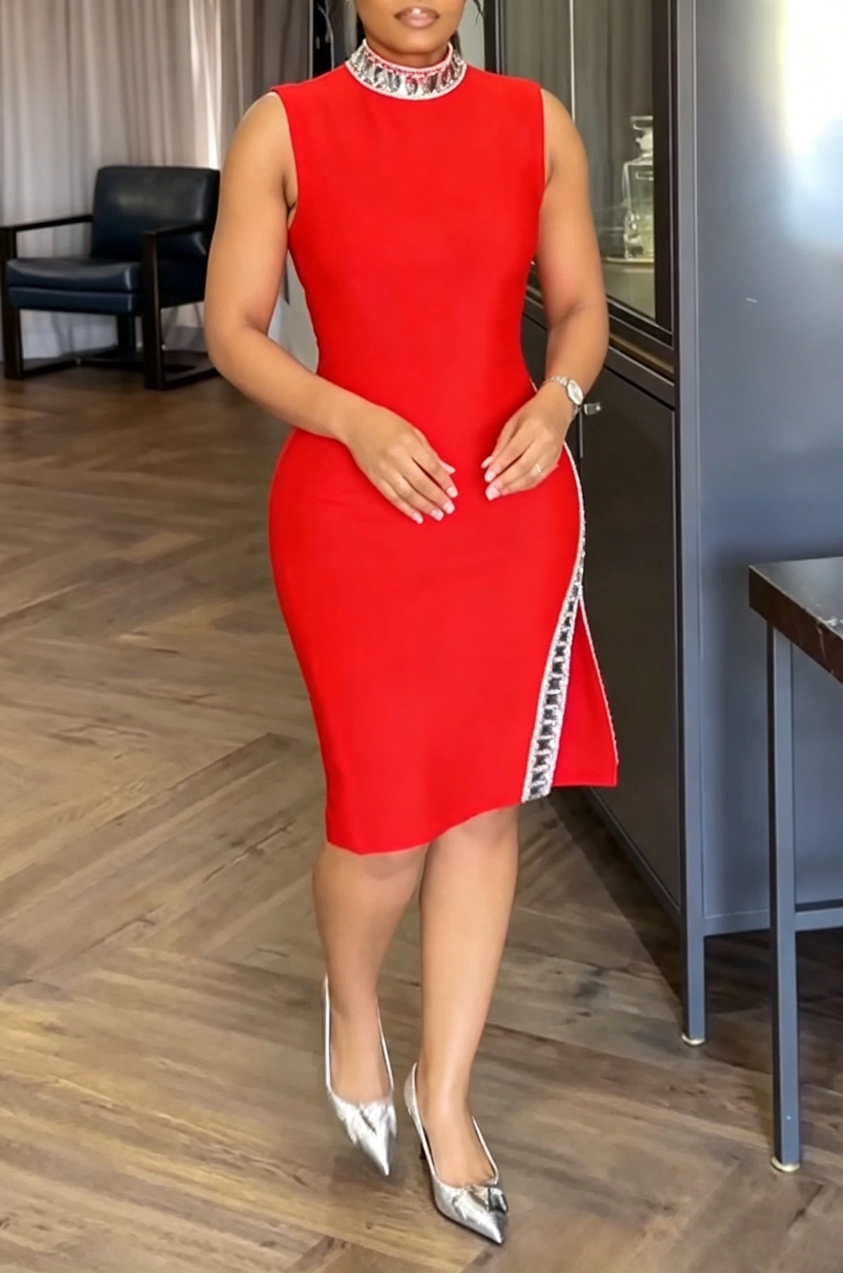 Women's Urban Commuter Rhinestone Decoration Midi Dress