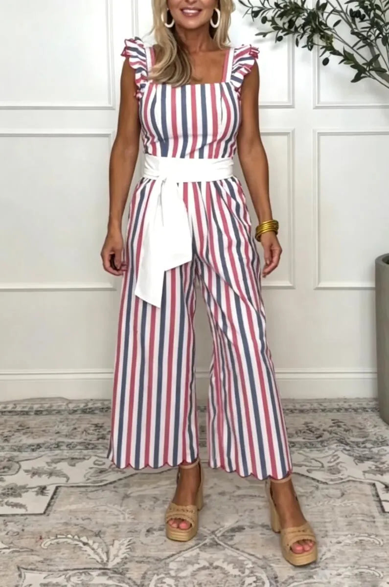 Womens Square Neck Colorful Striped Patchwork Casual Jumpsuit