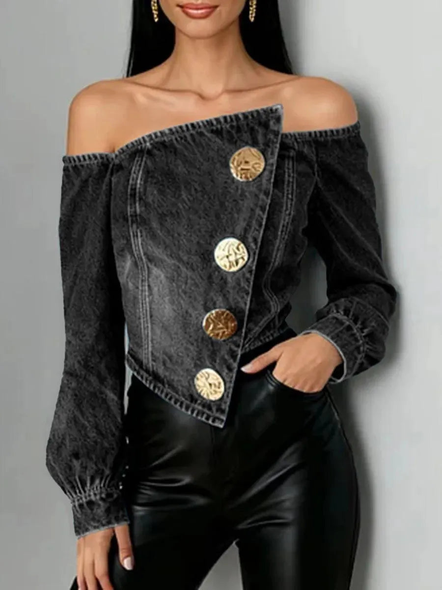 Buttoned Pleated Solid Color Split-Joint Irregularity Long Sleeves Off-The-Shoulder Blouses&Shirts Tops