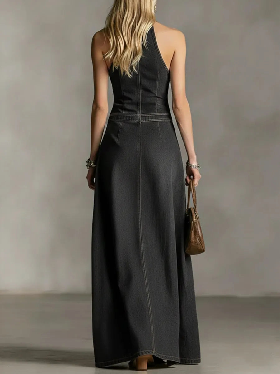 Stylish Slim Fit Sleeveless Denim Maxi Dress