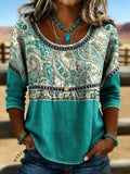 Women's Vintage Floral Print Casual Hollow-Out Denim Shirt
