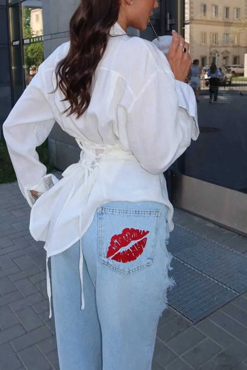 Women Light Wash High Waist Heavy Distressed Ripped Baggy Jeans