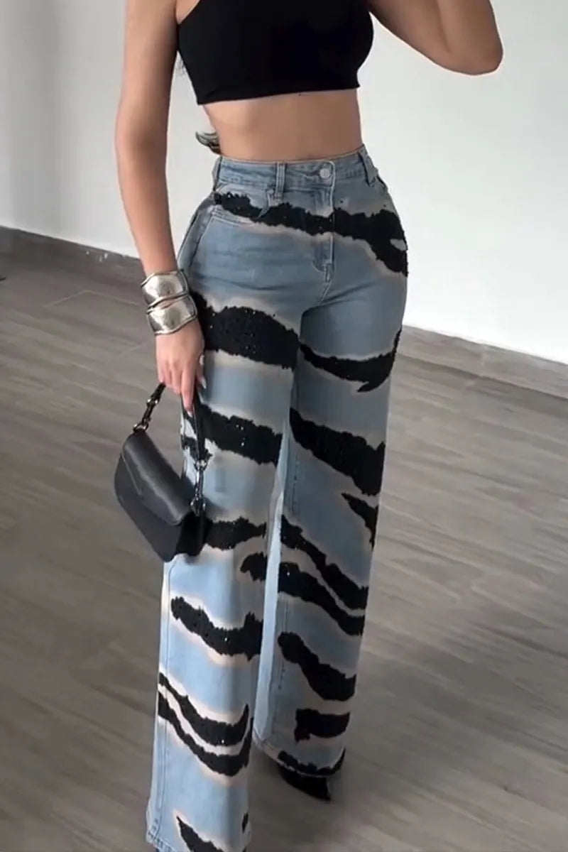 Women's Fashion Pattern Rhinestone Decoration Wide Leg Jeans