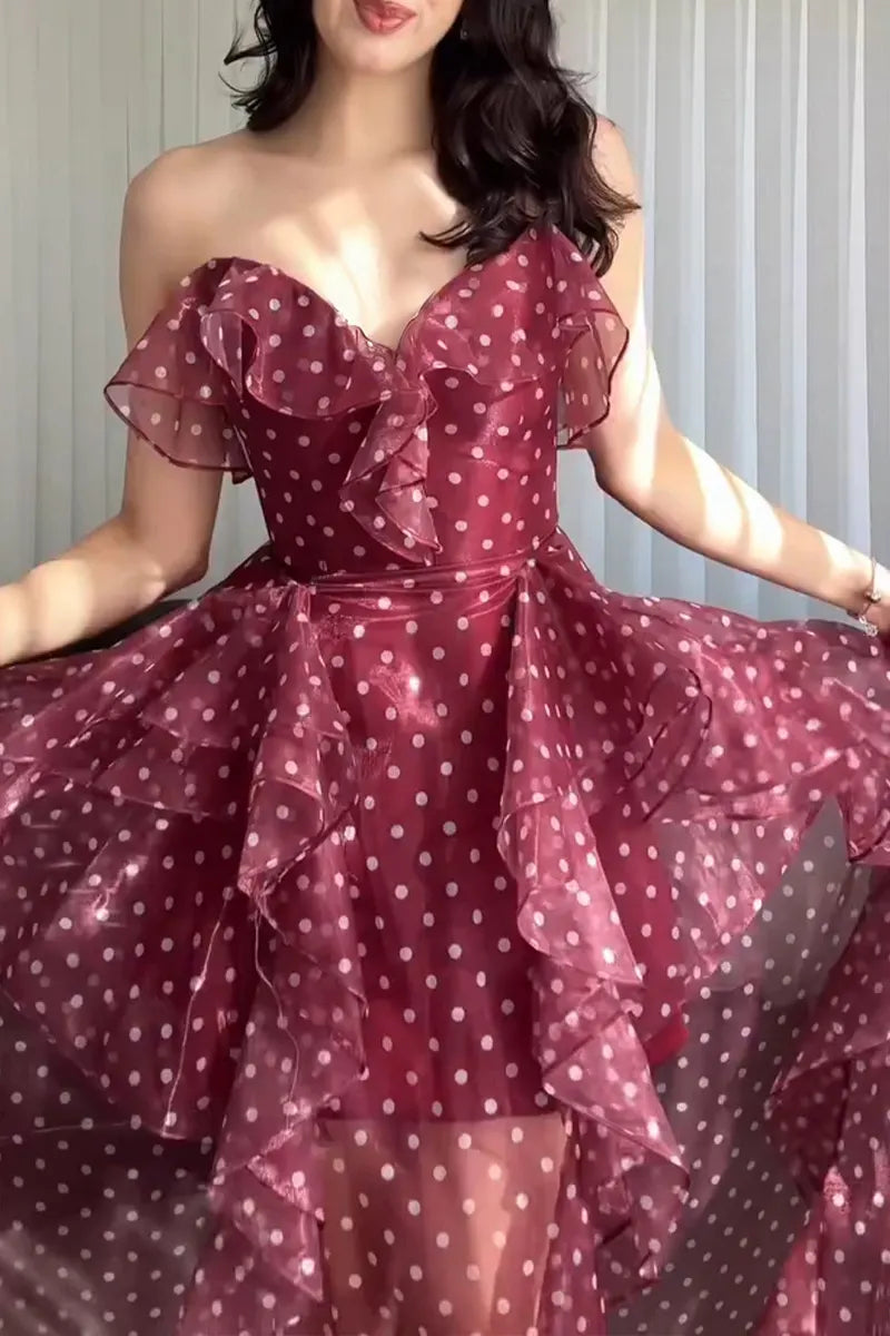 Women's Elegant Strapless Ruffle Decoration Mesh Polka Dot Maxi Dress
