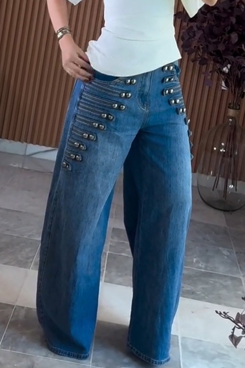 Women's Fashion Round Sleeve Top or Button Decoration Jeans