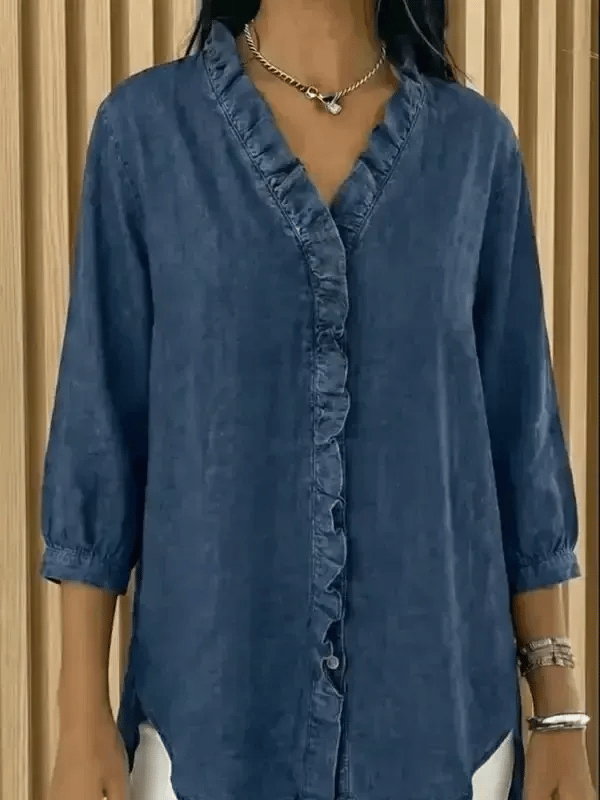 Women's Casual Denim V-Neck Ruffled Shirt