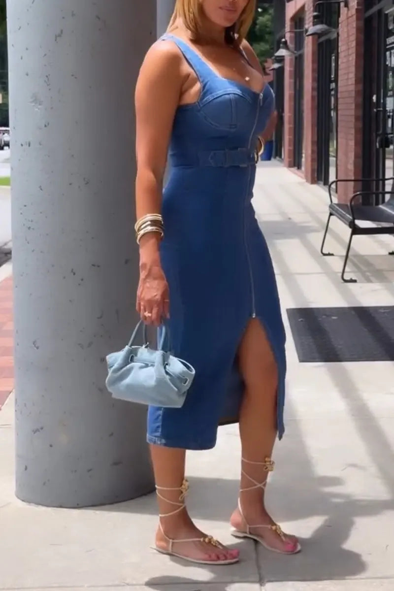 Women's Casual Slim Fit Zipper Cami Denim Dress with Belt