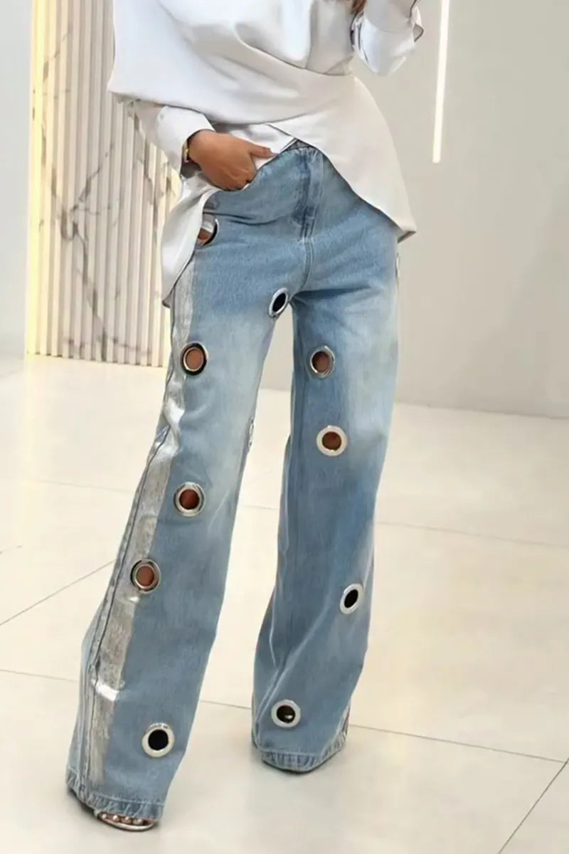 Women's Fashion Metal Cutout Wide Leg Jeans