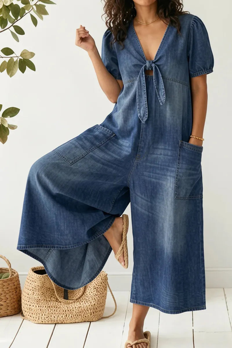 Ladies' Casual Loose Short Sleeved V-Neck Denim Jumpsuit