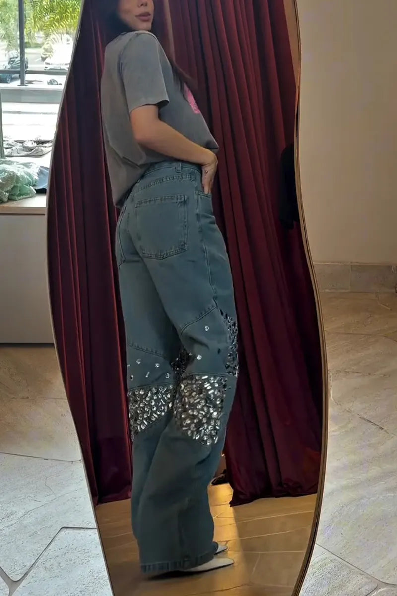 Women's Casual Rhinestone Trim Wide Leg Jeans