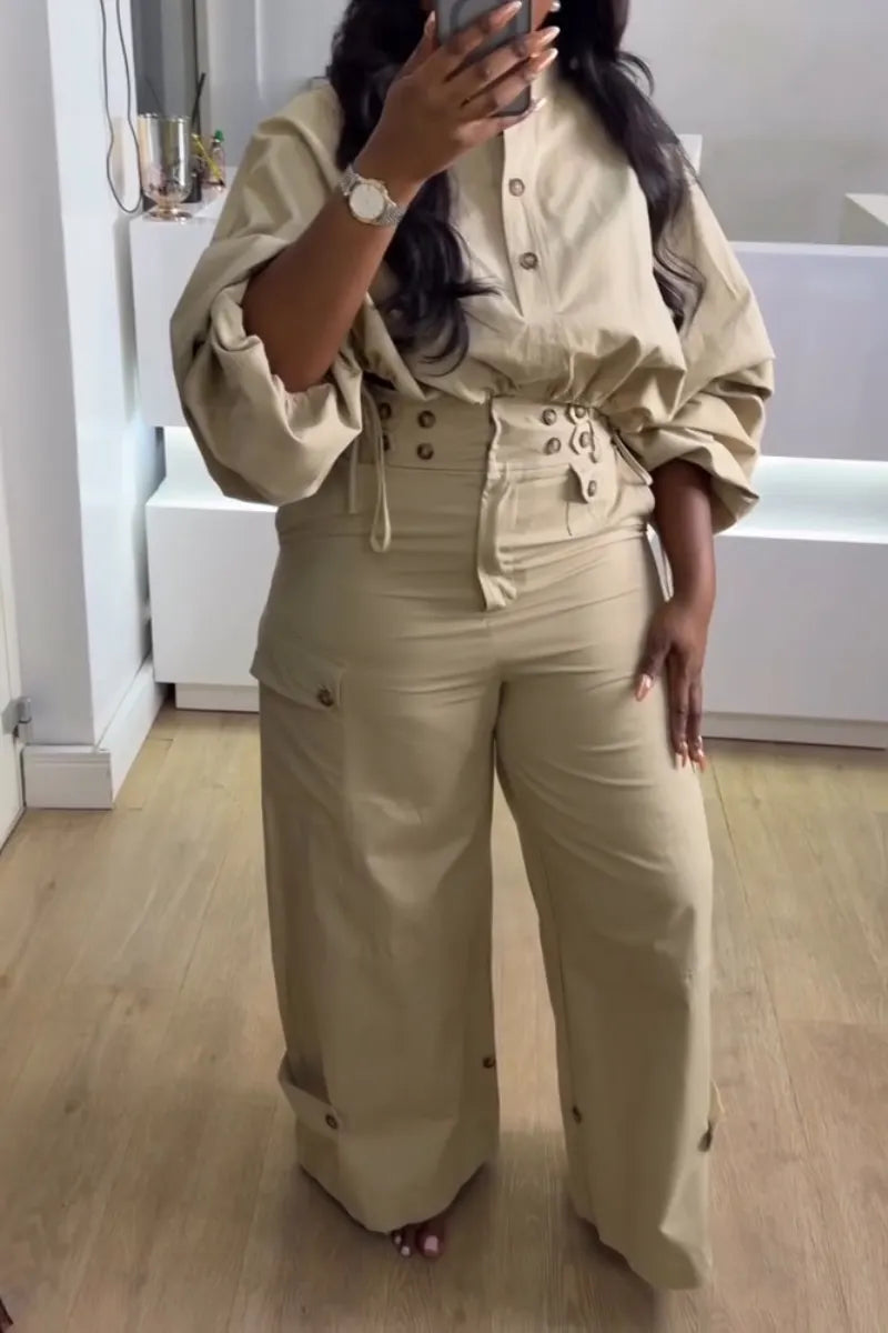 Women's Round Neck Top+ Double Breasted Wide Leg Pants Casual Set