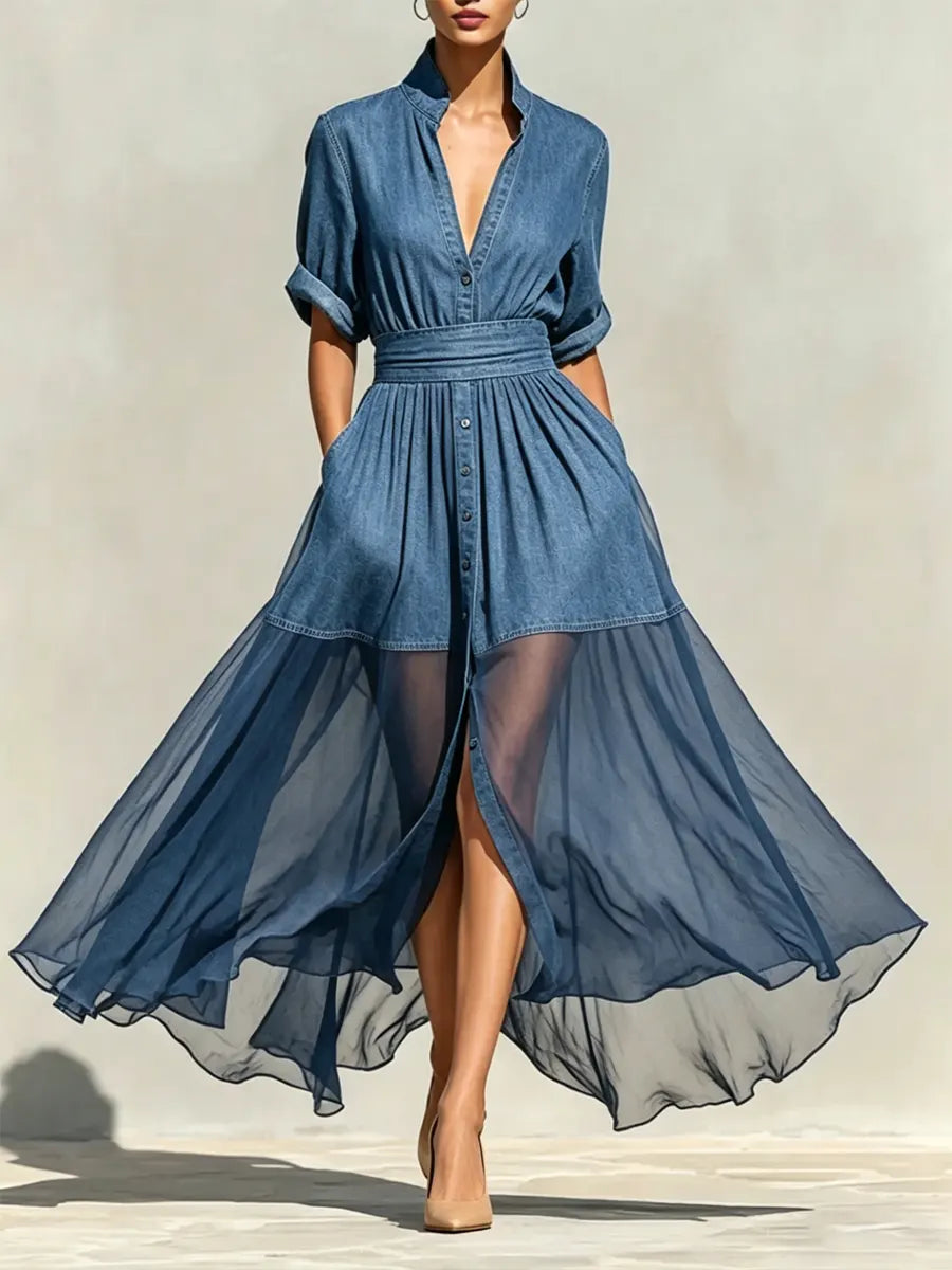 Women's Casual Denim And Mesh Splice Dress