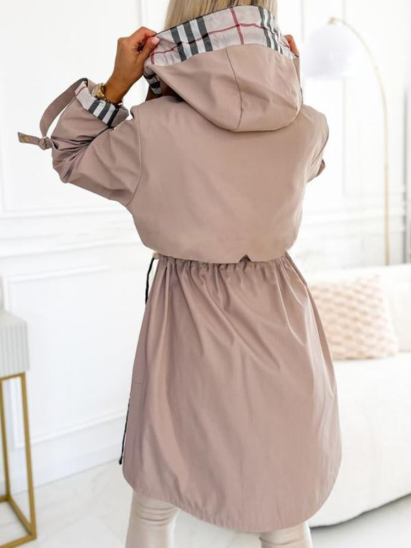 Plaid-Lined Hooded Mid-Length Trench Coat