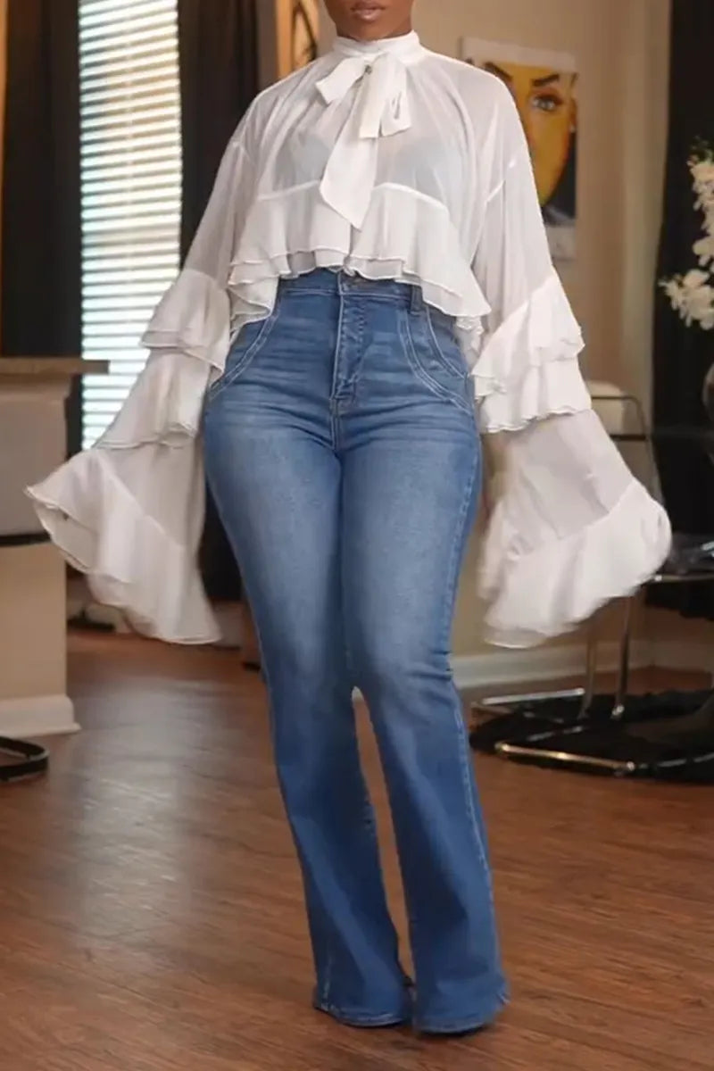 Women's Elegant Tiered Flounce Sleeve Blouse or Wide Leg Jeans