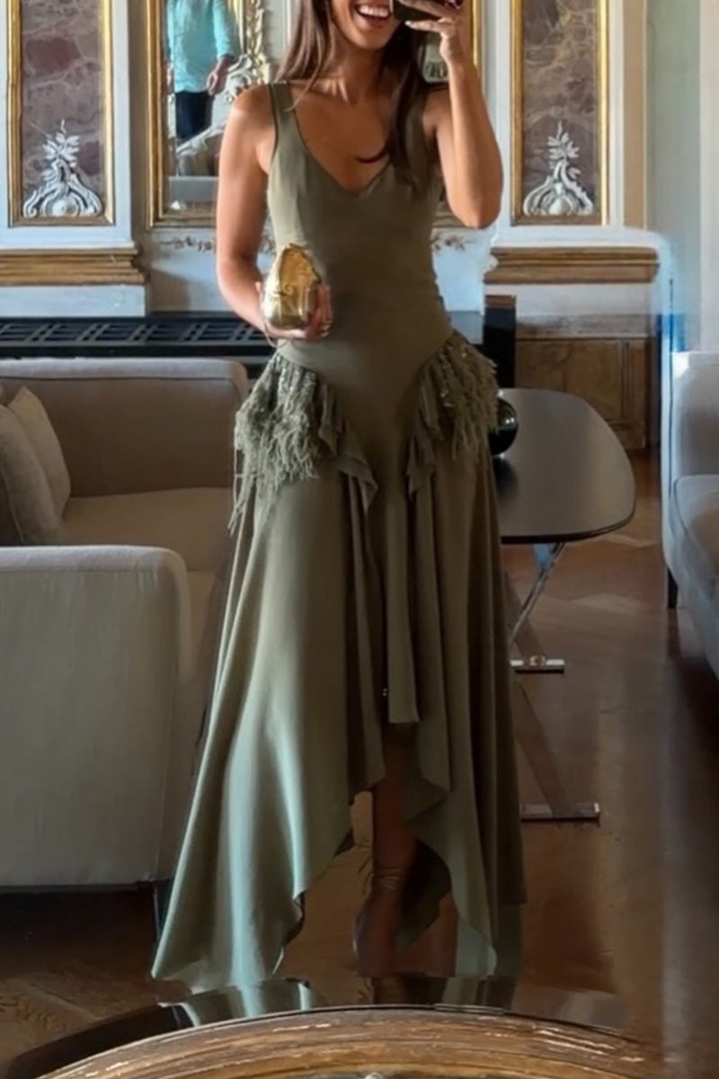 Women's Elegant Side Pleated Patchwork Asymmetric Hem Dress