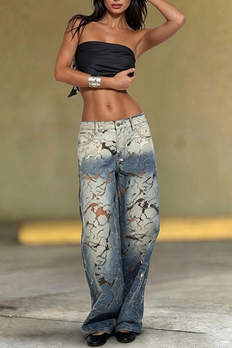 Women's Fashion Textured Wash Design Wide Leg Jeans