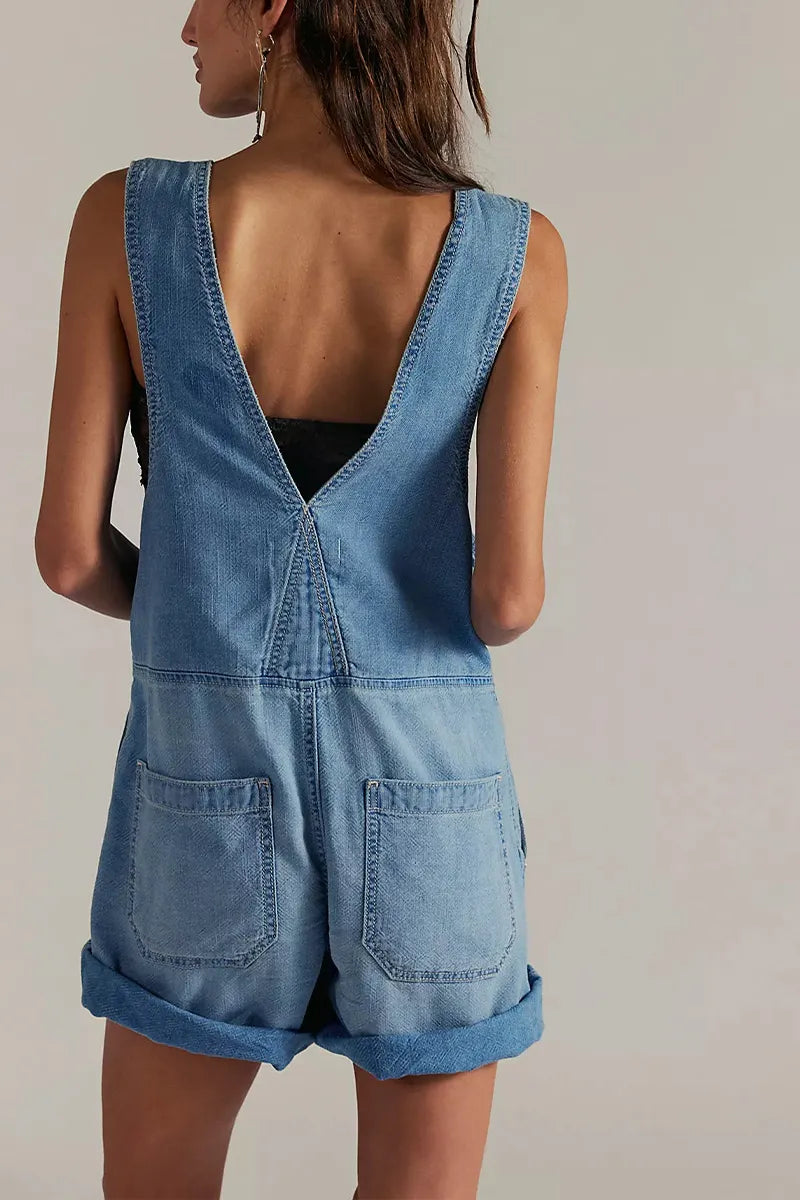 Women's Light Wash Square Neck Adjustable Strap Rolled Cuff Loose Fit Denim Short Overalls Bib Jumpsuit