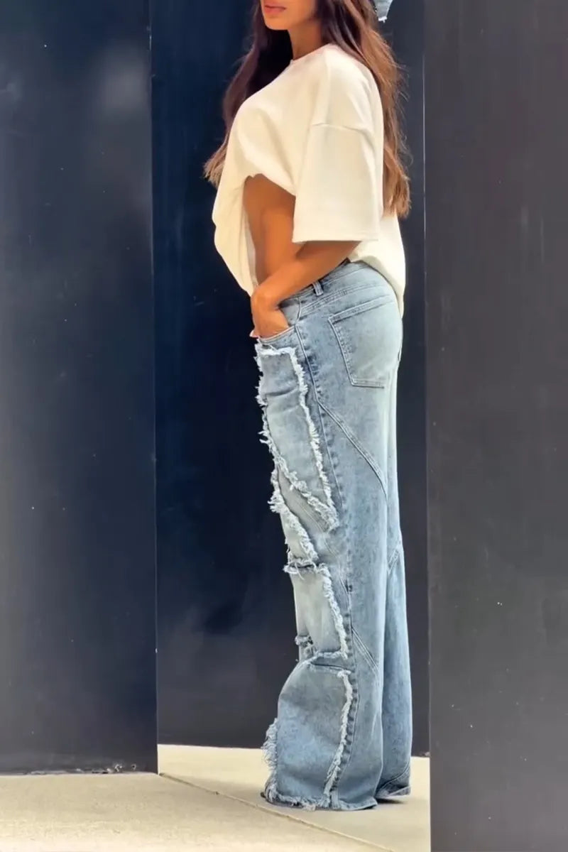 Women's Designer Panel Denim Washed Raw Hem Wide Leg Jeans