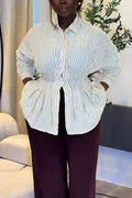 Women Collar Vertical Stripe Casual Shirt or Wide Leg Pants