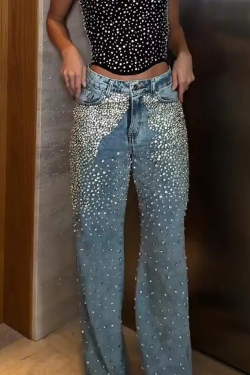 Women's  High Waist Gradient Rhinestone Scattered Wide Leg Denim Jeans