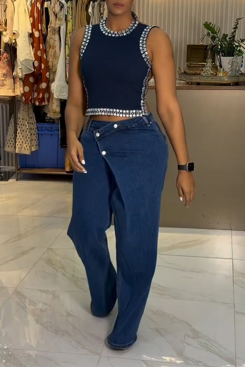 Women's Neck Hanging Nail Drill Back Hollow Top or Spliced Jeans