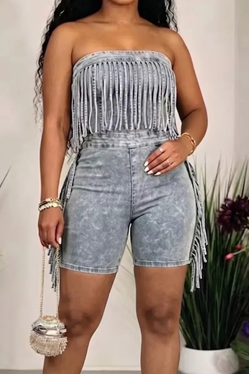 Women's Denim Fringe Romper with All-Over Fringe Trim & Acid-Wash Finish