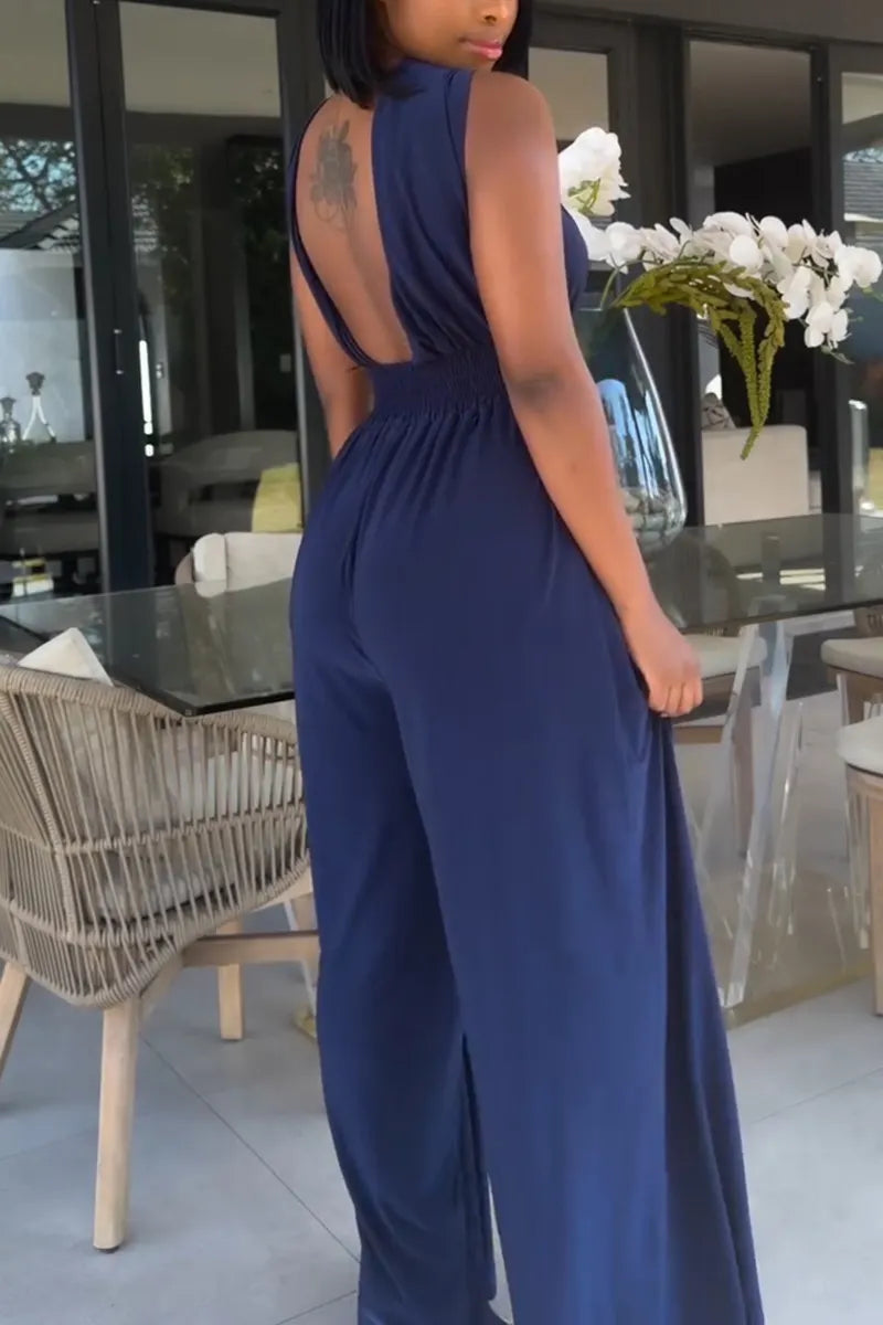 Women's Casual Backless Wide Leg Long Jumpsuits
