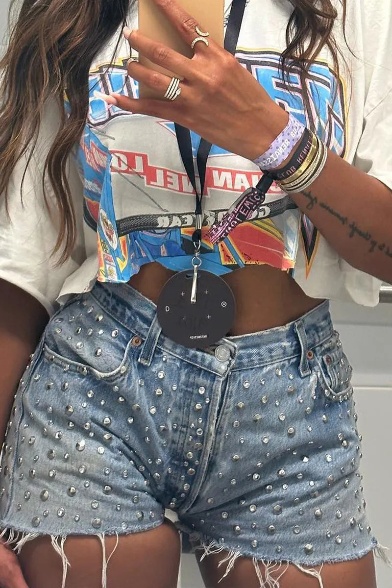 Women's Distressed Denim Shorts with Frayed Hem & Sparkly Rhinestone Studs