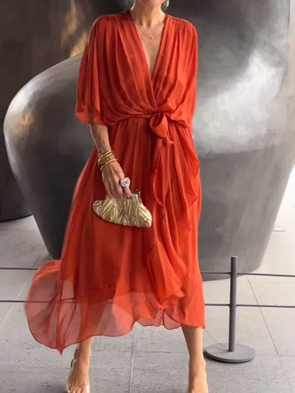 Women Stylish and elegant V-neck chiffon midi dress