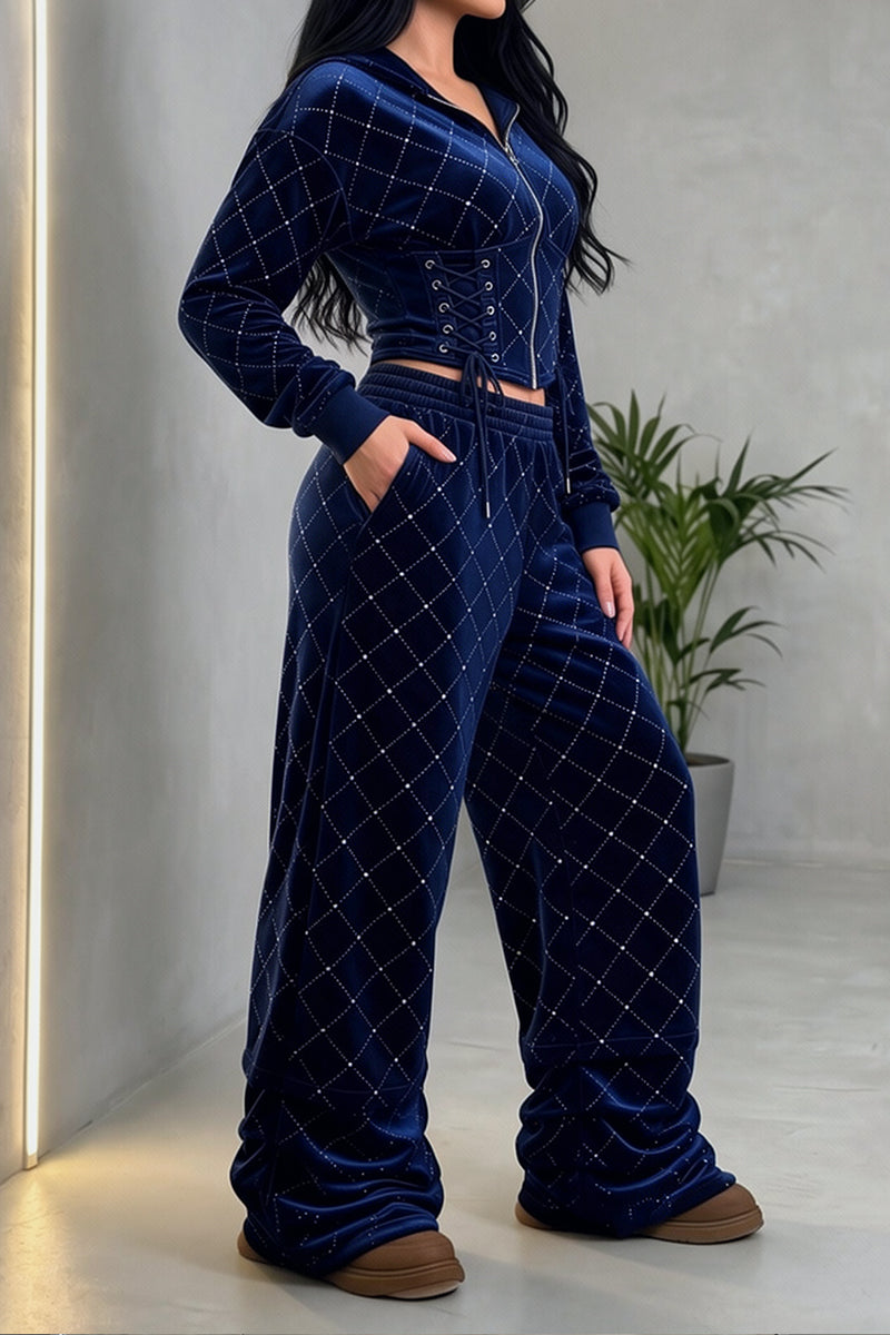 Women's Elegant Lace Up Hooded Velvet Diamond Quilted Navy Blue Hoodie or Pants