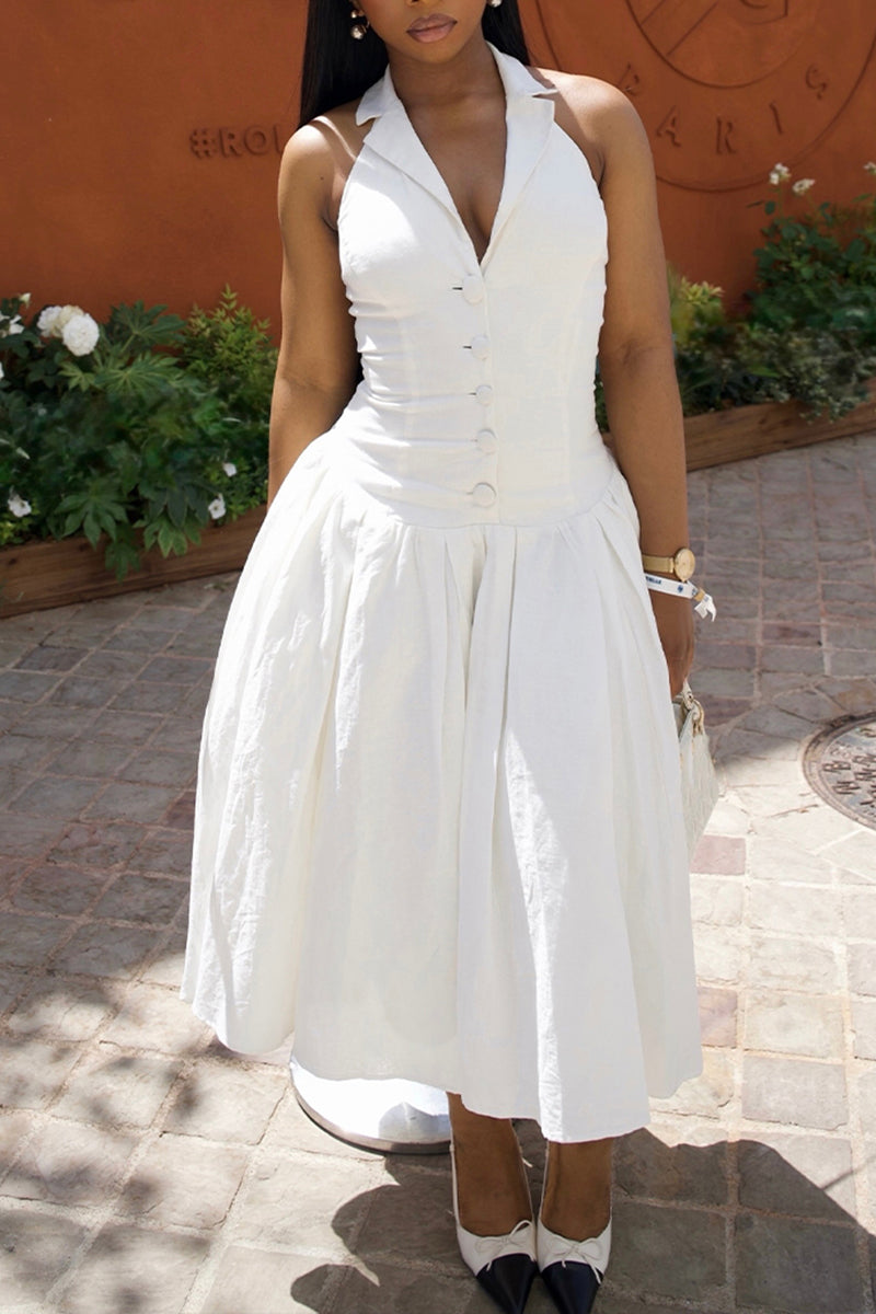 Women's Elegant Lapel Button A-Line Hem Midi Dress
