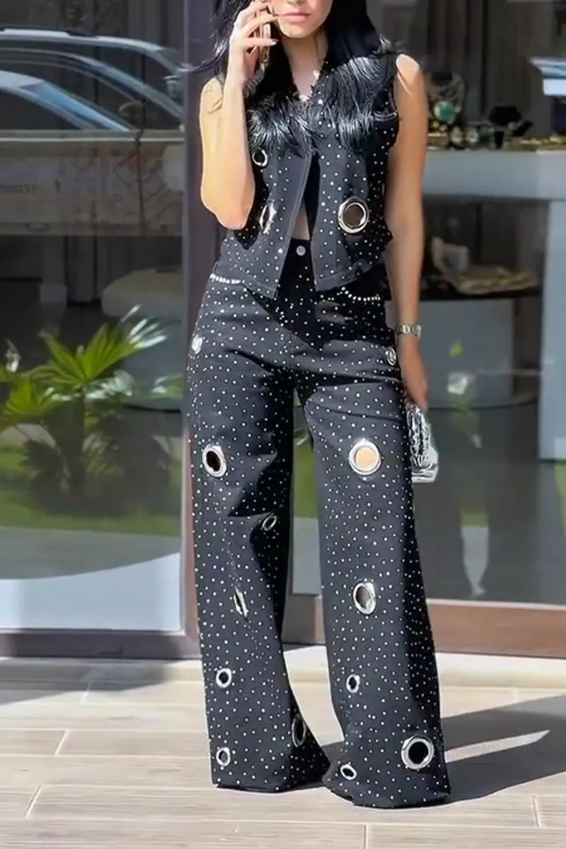 Women Casual Rhinestone Cutout Denim Vest or Wide-leg Jeans