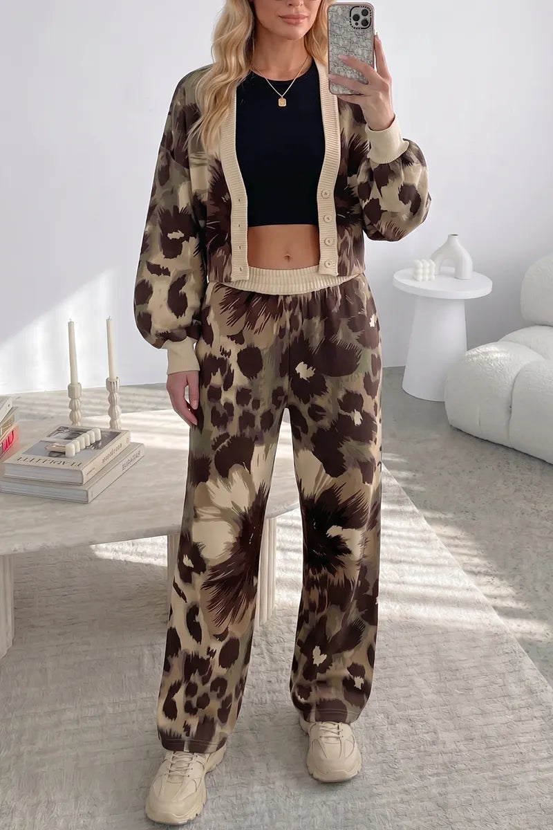 Women's 2-Piece Animal Print Loungewear Set Contrast Trim Button Front Cardigan and Matching Pants Co-ord