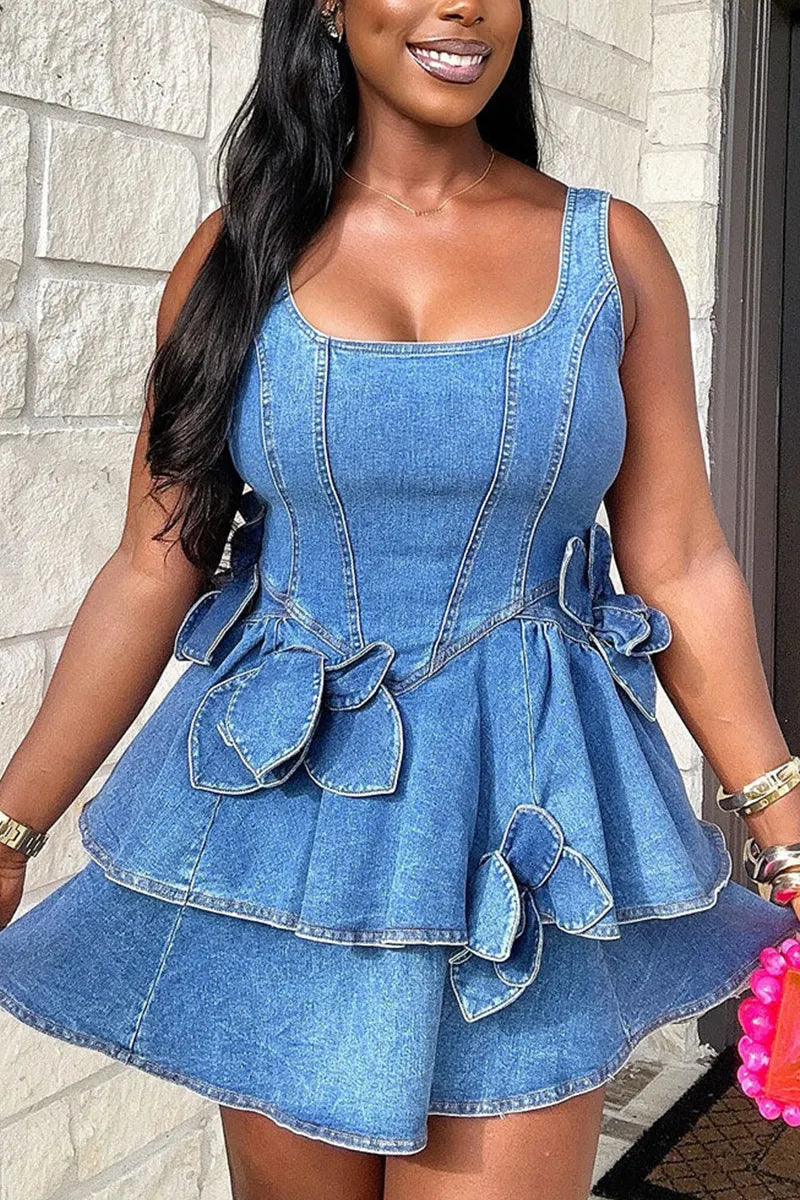 Women's Casual Tiered Floral Cropped Denim Dress