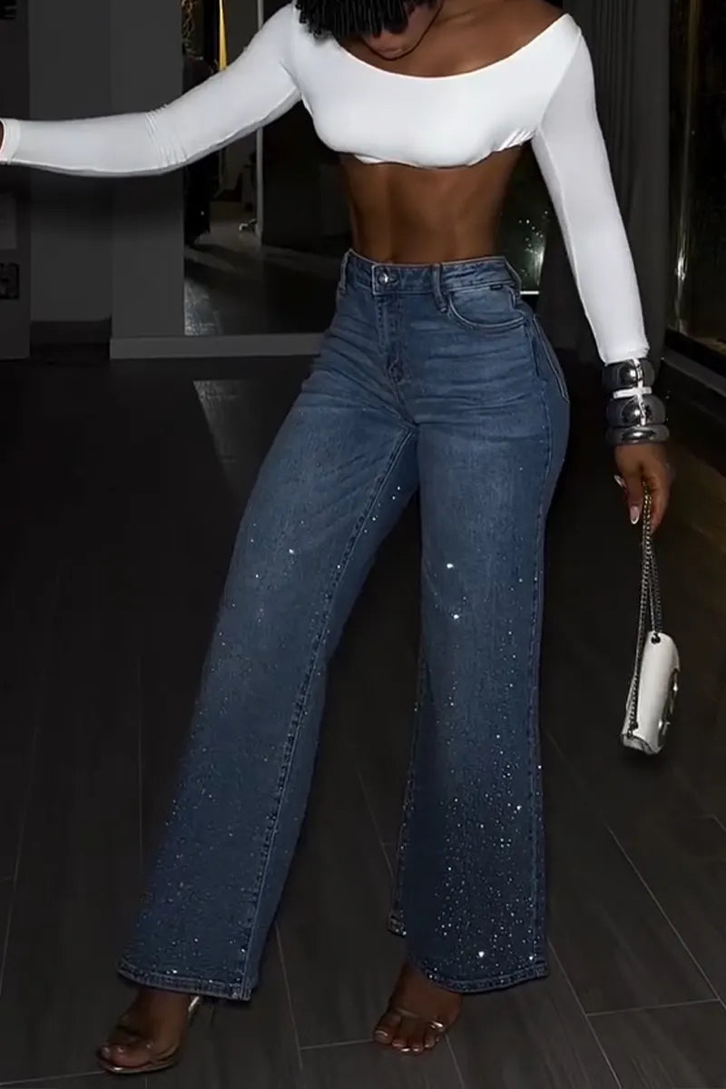 Women's Fashion Rhinestone Trim Wide Leg Jeans