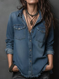 Women's Casual Distressed Lace Long-sleeve Denim Shirt