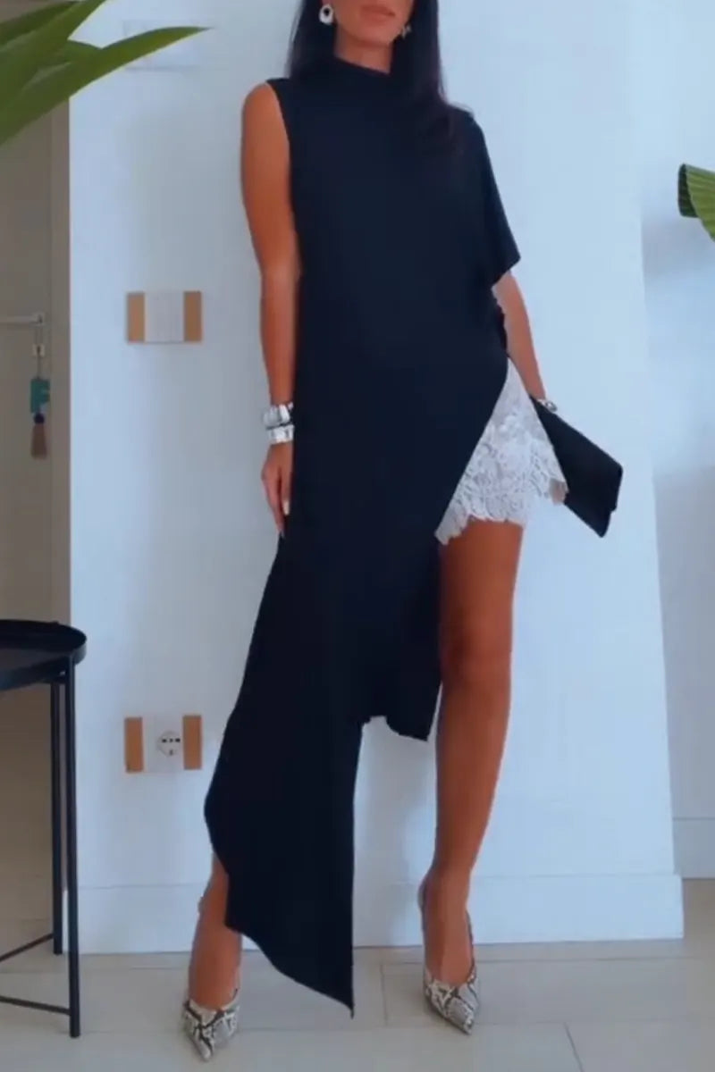 Women's Round Neck Solid Color Irregular Dress or Lace Patterned Shorts Underneath