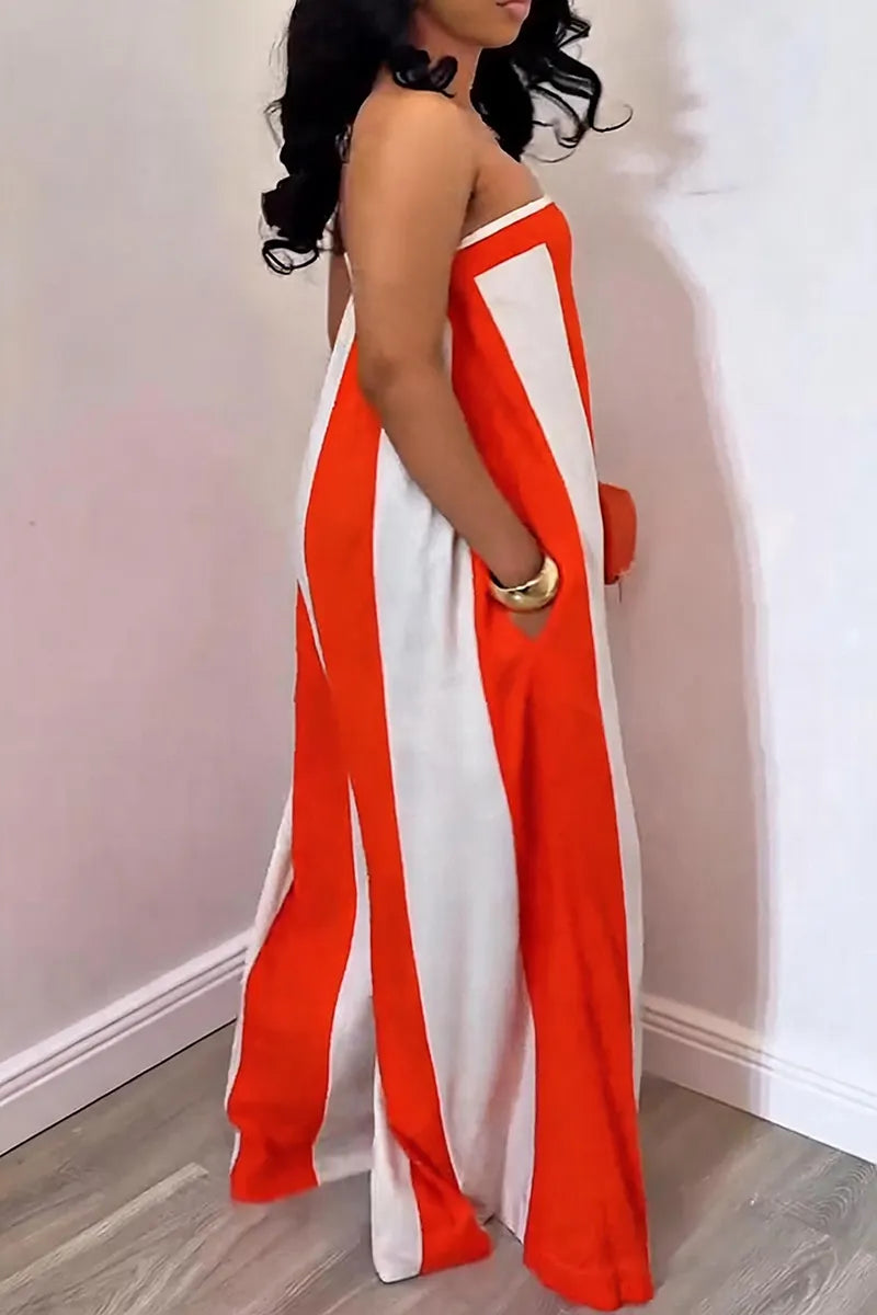 Women's Casual Strapless Wide Stripe Wide Leg Jumpsuit