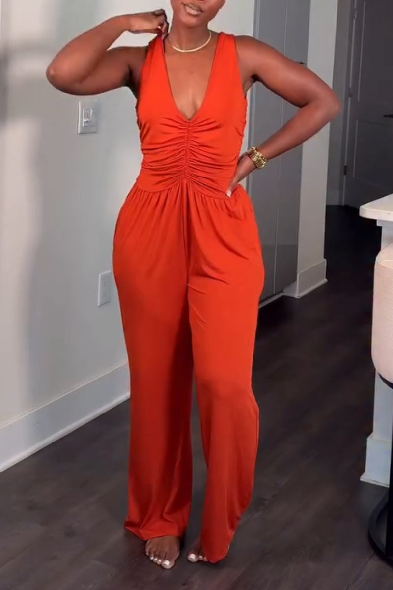 Women's Deep V-neck Solid Color Sleeveless Patchwork Casual Jumpsuit