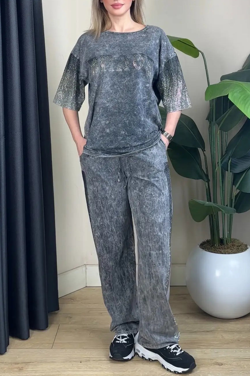 Women's Casual Letter Gradient Rhinestone Knit T-Shirt & Pants