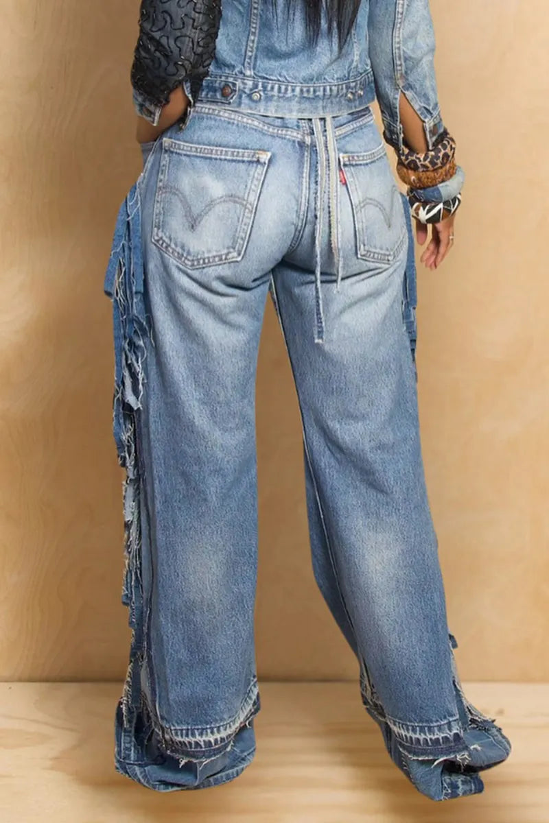 Ladies' Distressed Side-Slit Flowy Fringe Jeans