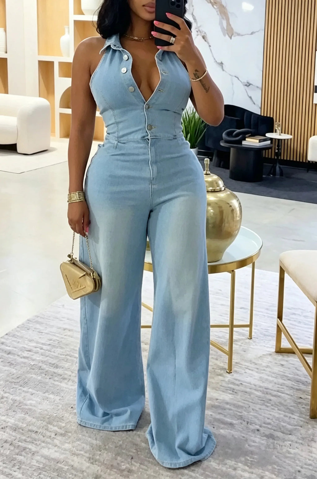 Women's Casual Halter Button Front Wide-Leg Denim Jumpsuit