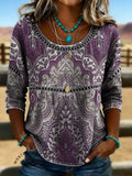 Women's Vintage Print Casual Hollow Denim Shirt