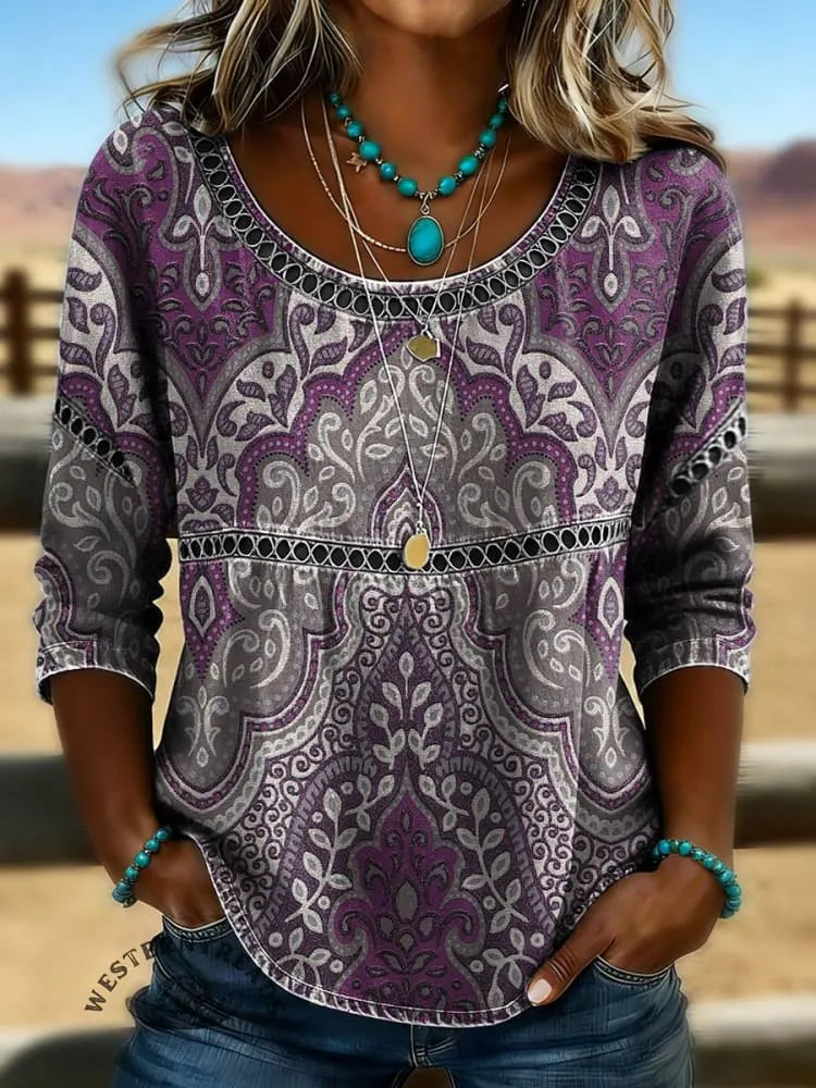 Women's Vintage Print Casual Hollow Denim Shirt